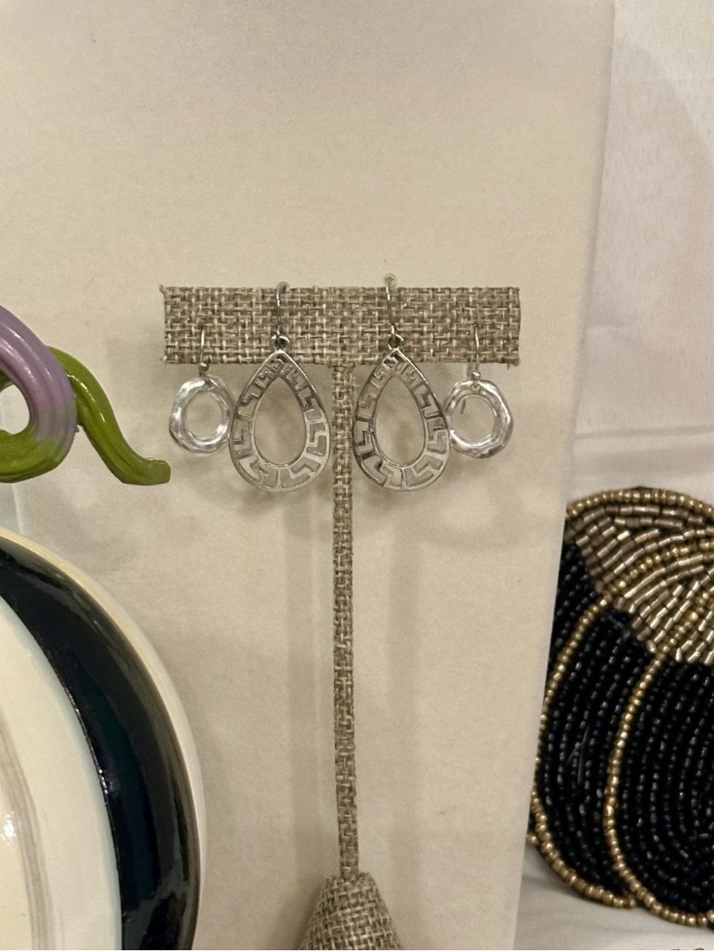 Lot of 2 Pairs Silver Tone Earrings Greek Key Meander Teardrop Hammered Hoop